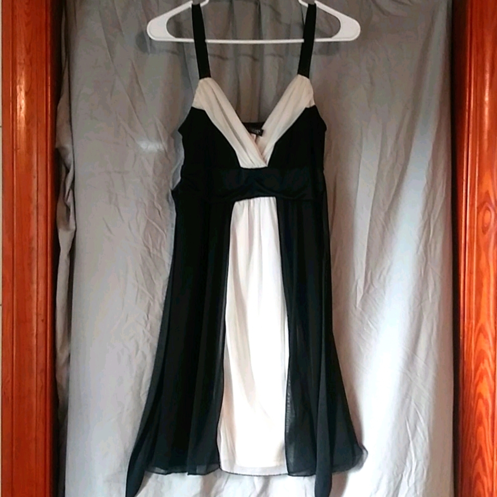 Black and white short dress with sheer overlay